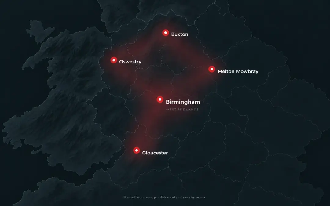 Illustrative mobile fitting coverage across the Midlands and surrounding areas.